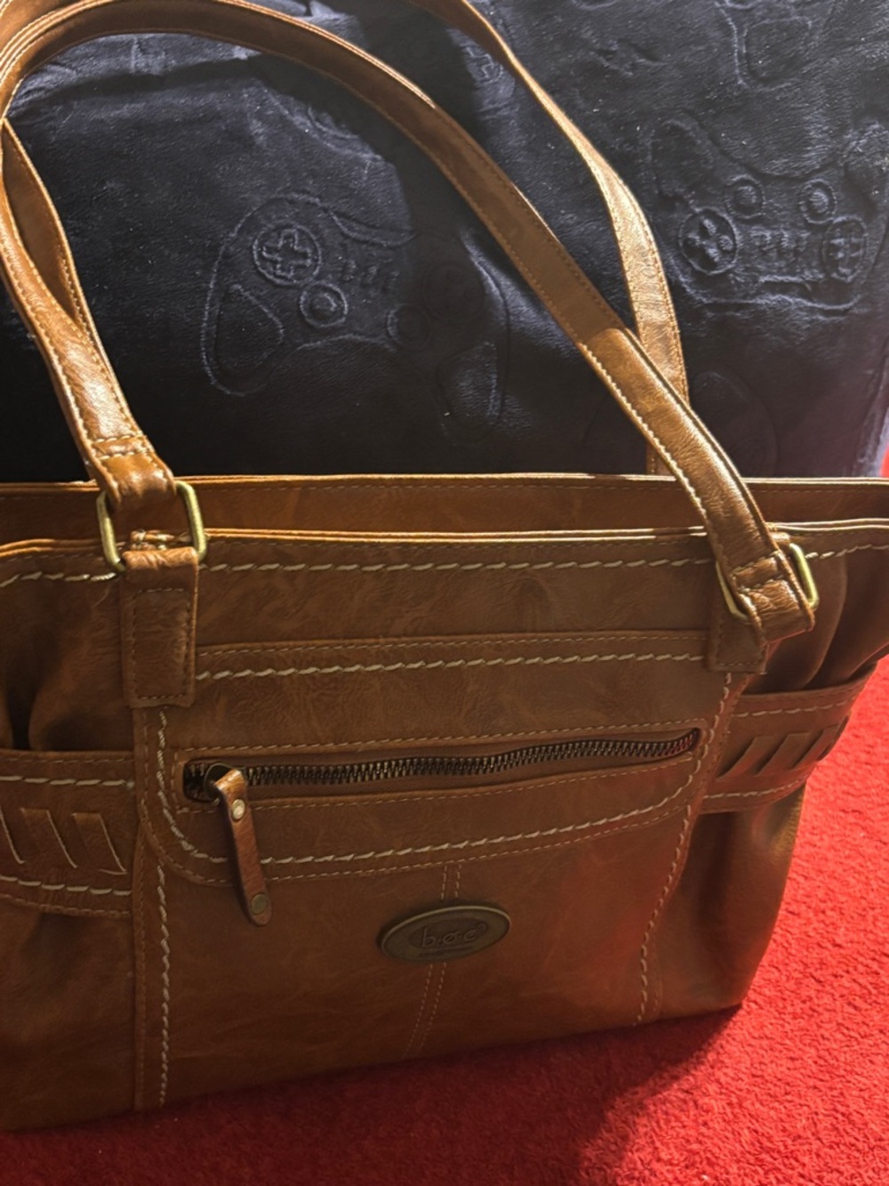 b.o.c. Brown Vinyl Handbag with Oval Logo Plaque. New no tags